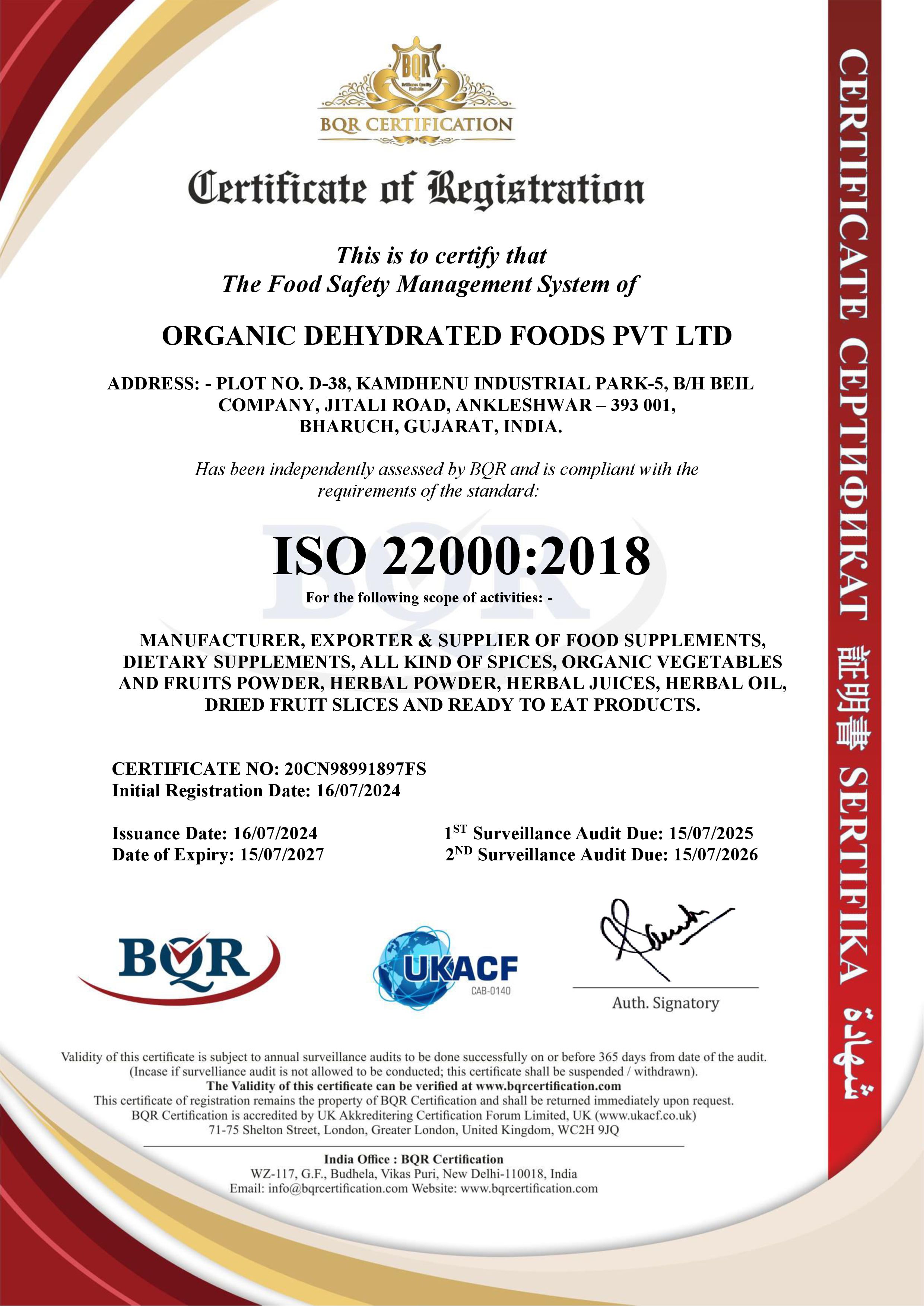 ISO 22000 2018 Certificate